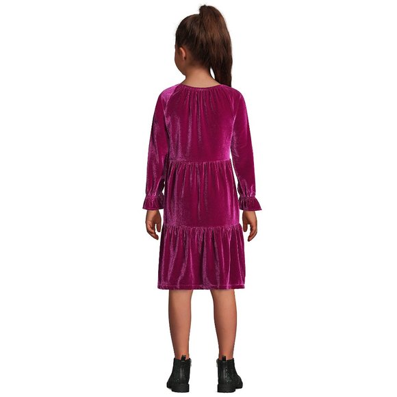 Girls Tiered A-line Long Sleeve Velvet Dress shirred pleated Purple Dark Magenta - Picture 3 of 7